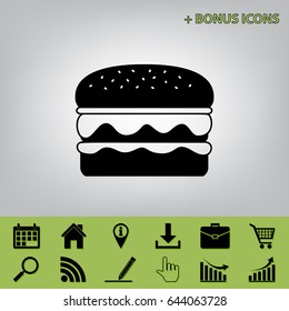 Burger simple sign. Vector. Black icon at gray background with bonus icons 