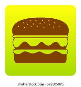 Burger simple sign. Vector. Brown icon at green-yellow gradient square with rounded corners on white background. Isolated.