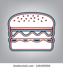Burger simple sign. Vector. Dark red, transparent and midnight green stroke of white icon at grayish background.