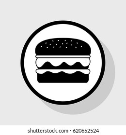 Burger simple sign. Vector. Flat black icon in white circle with shadow at gray background.