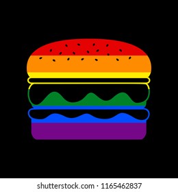 Burger simple sign. Vector. Icon with colors of LGBT flag at black background.