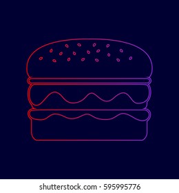 Burger simple sign. Vector. Line icon with gradient from red to violet colors on dark blue background.