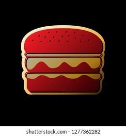 Burger simple sign. Vector. Red icon with small black and limitless shadows at golden sticker on black background.