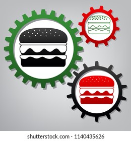 Burger simple sign. Vector. Three connected gears with icons at grayish background.