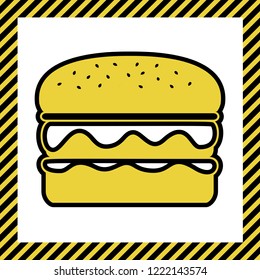 Burger simple sign. Vector. Warm yellow icon with black contour in frame named as under construction at white background. Isolated.