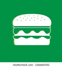 Burger simple sign. Vector. White flat icon with yellow striped shadow at green background.