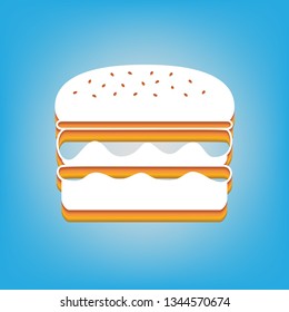 Burger simple sign. Vector. White icon with 3d warm-colored gradient body at sky blue background.