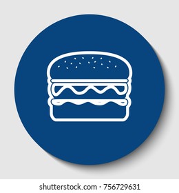 Burger simple sign. Vector. White contour icon in dark cerulean circle at white background. Isolated.