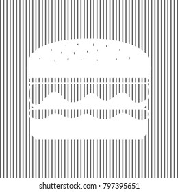 Burger simple sign. Vector. White icon on grayish striped background. Optical illusion.