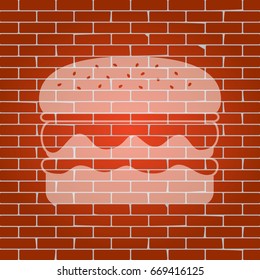 Burger simple sign. Vector. Whitish icon on brick wall as background.