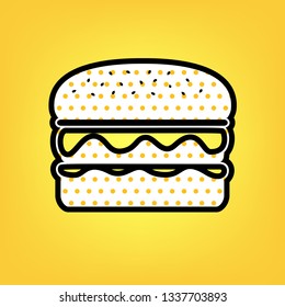 Burger simple sign. Vector. Yellow polka dot white icon with black contour at warm yellow background.