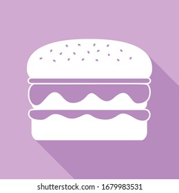 Simple señal de hamburguesa. Icono blanco con una larga sombra en fondo morado.  Ilustración.