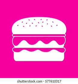 Burger simple sign. White icon at magenta background.