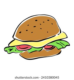 Burger single vector clip art. Outline doodle illustration of fast food