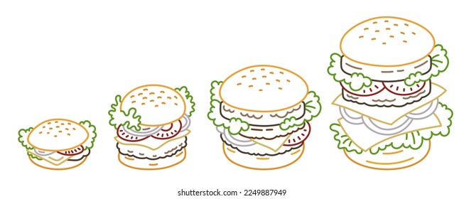 Burger size. Calculation of increasing calories. Editable outline stroke. Vector infographic illustration.
