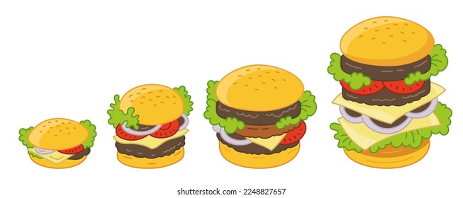 Burger size. Fast food. Calculation of increasing calories. Hamburger infographic. Vector illustration.