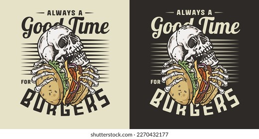 Burger in skeleton hands. American fast food or USA food with skull, bones and burger with meat, cheese and vegetable for logo or poster