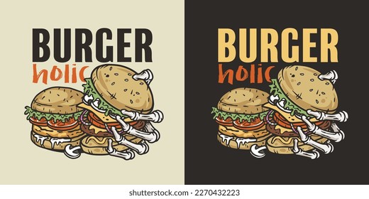Burger in Skeletthänden. Amerikanisches Fastfood oder amerikanische Lebensmittel mit Knochen und Hamburger mit Fleisch, Käse und Gemüse für Logo oder Plakat