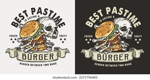 Burger in skeleton hands. American fast food or USA food with skull, bones and burger with meat, cheese and vegetable for logo or poster