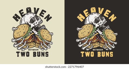 Burger in skeleton hands. American fast food or USA food with skull, bones and burger with meat, cheese and vegetable for logo or poster