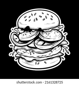 burger sketch black and white backgrounds, hand drawing, perfect used for logo, icon, print, etc