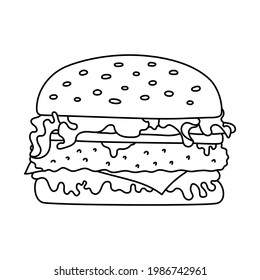 Burger sketch. Fast food. Hamburger. Cartoon black and white line illustration. Unhealthy meal. Vector hand drawn sandwich icon for restaurant menu