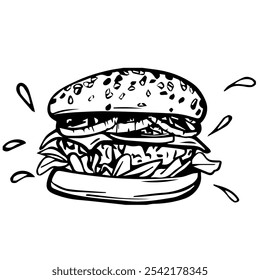 Burger sketch. Hand drawn hamburger illustration in Black and White style. Fast Food Line Art. Vector Cheeseburger painted by black inks. Restaurant business concept