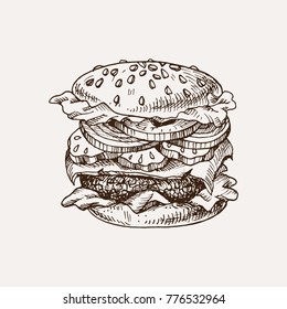 burger sketch. junk food vector illustration