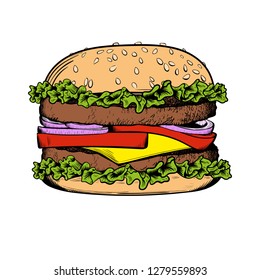 Burger sketch on white background. Vector illustration
