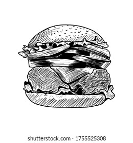 Esbozo de hamburguesa sobre fondo blanco. Ilustración vectorial.