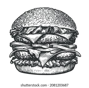 Burger sketch. Sandwich in vintage hand drawn engraving style. Street fast food vector illustration