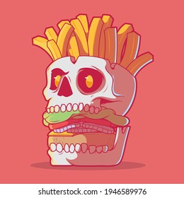 Burger Skull with fries vector illustration. Fast Food, horror, brand design concept.