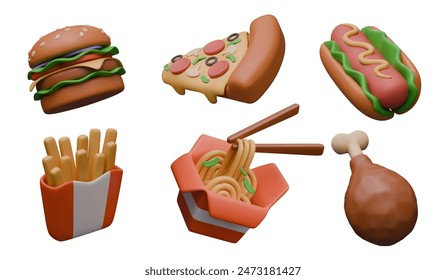 Burger, slice of pizza, hot dog, French fries, chicken wing, fried leg