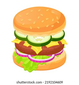 Burger sliced flat icon. Cartoon hamburger, tomato, cheese, cutlet, cucumber, onion isolated vector illustration