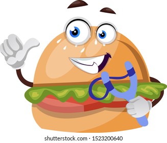 Burger with sling shot, illustration, vector on white background.