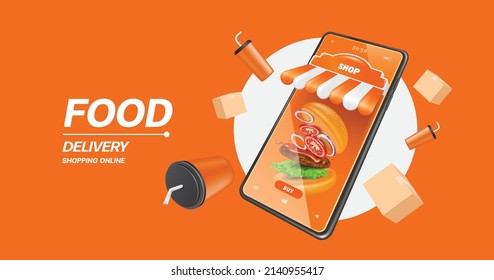 The burger is in the smartphone shop screen and there are food boxes and soda cans floating around and all on an orange background,vector 3d isolated for food delivery concept dessign