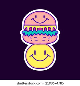 Caricatura del emoticono de la hamburguesa y la sonrisa, ilustración para camisetas, pegatinas o prendas de vestir. Con estilo pop moderno y retro.