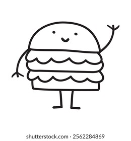 Burger. Smiling cute character. Fast food. Outline illustration on white background.