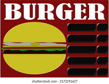 Burger. Snack sale banner with five black bars for snacks names and prices, red and black striped screen background.