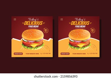 Burger social media banner food post template Layout design for marketing on social media. Templates for promotions on the Food menu.
