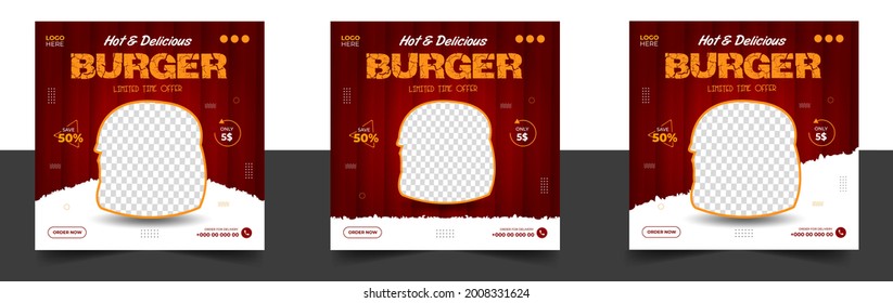 Hamburger Social Media Post Banner Design-Vorlage. Hamburger Social-Banner, Hamburger-Banner-Design, Fast-Food-Social-Media-Vorlage für das Restaurant. Hamburger Social Media Banner mit gelber und roter Farbe.