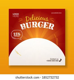 Burger for social media post template. Food square banner for restaurant and cafe