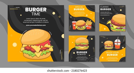 Burger Social Media Post Template Flat Cartoon Background Vector Illustration