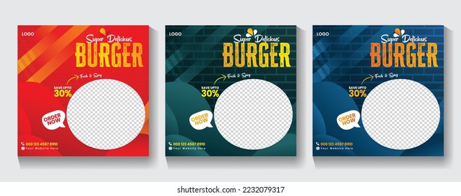 Burger Social Media Post Template With Simple looks and Modern Concept and Bundle Set.flyer or poster design for online business promotion.Super delicious fast food social media post template.