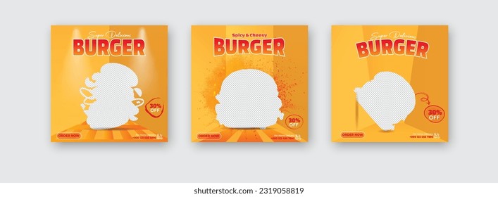 Plantilla de publicación en medios sociales de hamburguesas.Plantilla de medios sociales de comida rápida para restaurante.Burger Banner sale para plantilla de publicación en medios sociales con concepto moderno y juego de paquetes.