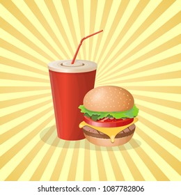 Burger and soda cup - cute cartoon colored picture. Graphic design elements for menu, poster, brochure. Vector illustration of fast food for bistro, snackbar, cafe or restaurant