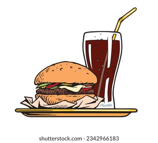Burger and soda cup, hamburger or cheeseburger menu isolated on white background. Graphic design elements for restaurant fast food menu or poster. Vector illustration