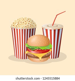 Burger with soda cup and popcorn - cute cartoon colored picture. Graphic design elements for menu, poster, brochure. Vector illustration of fast food for snackbar, bistro, cafe or restaurant