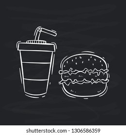 burger with soda cup using doodle or hand drawn style on chalkboard background