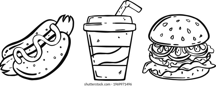 Burger with soda cup using doodle art. Vector illustration